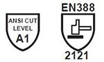 ANSI Cut Level A1 and EN 388 icons