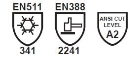 ANSI Cut Level A2, EN 511 and EN 388 icons