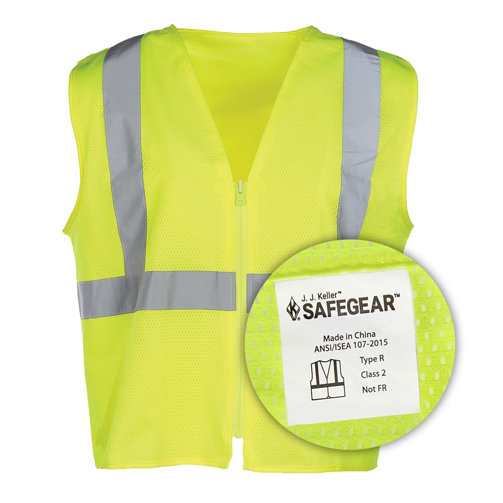 Safety vest with tag showing ANSI/ISEA classification.