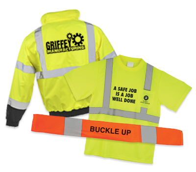 Sweatshirt, t-shirt, and seatbelt cover with customized imprinting.