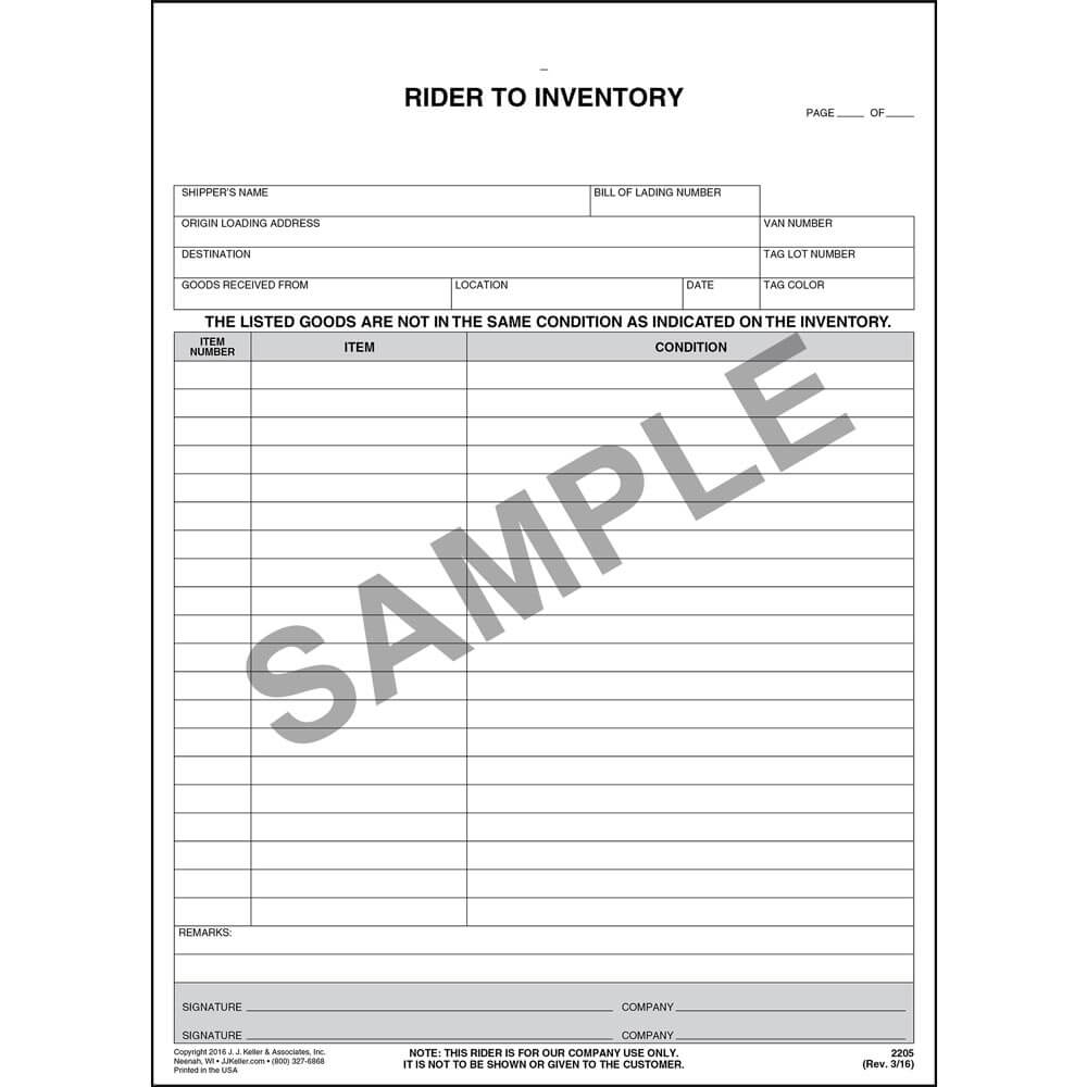 Household Goods Form - Rider to Inventory
