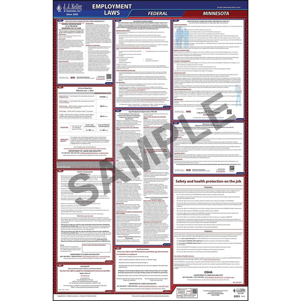 OSHA Compliant MN State 20 W x 26 H Keller /& Associates /& Federal 2020 Minnesota /& Federal Labor Law 2-Poster Set J J 20 W x 26 H English Laminated Poster Set for Workplace Compliance