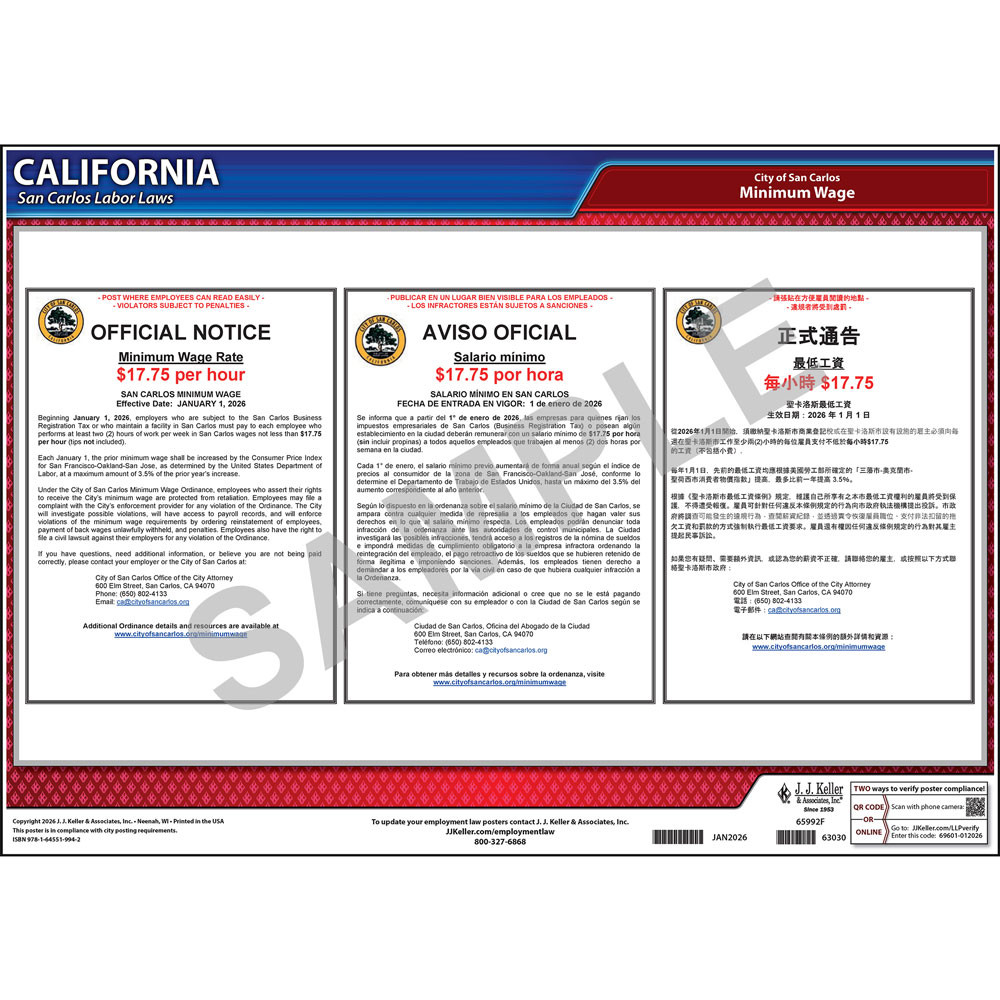 California / San Carlos Minimum Wage Poster