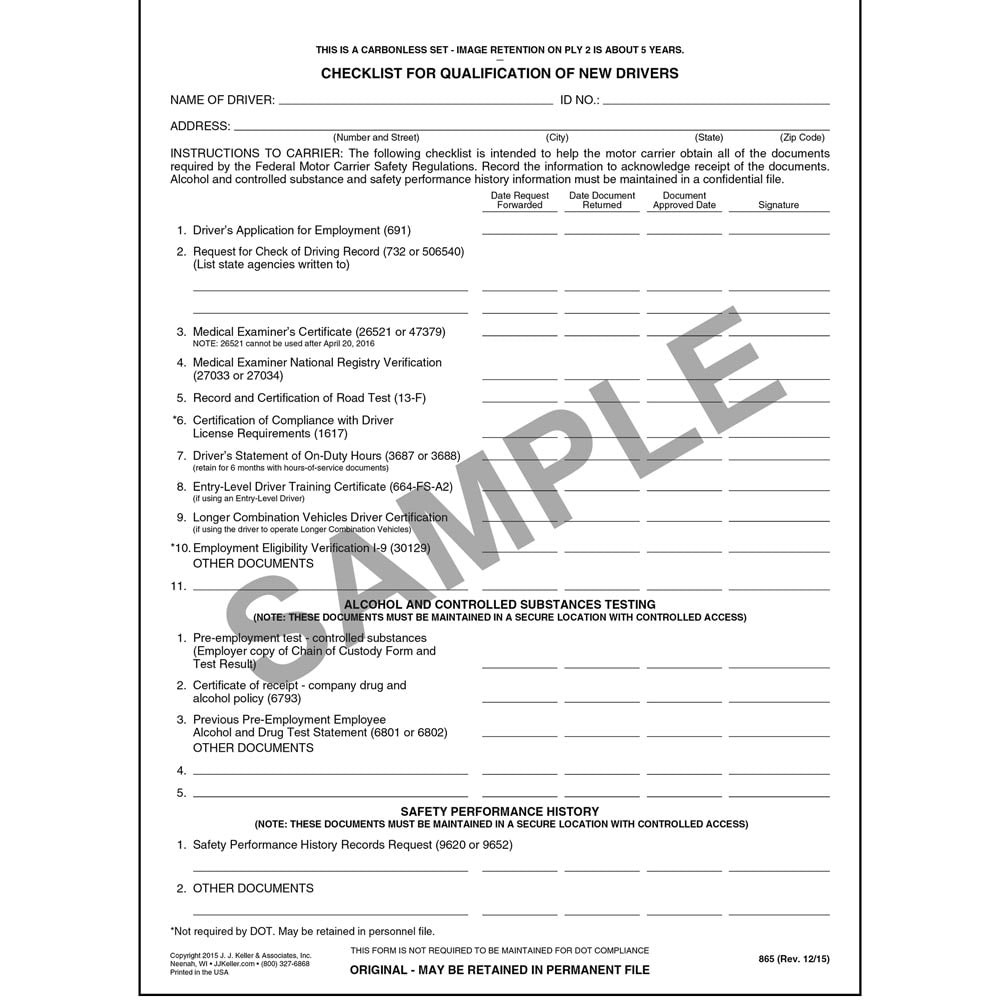 Check Sheet For Driver Qualification Forms Snap Out Format