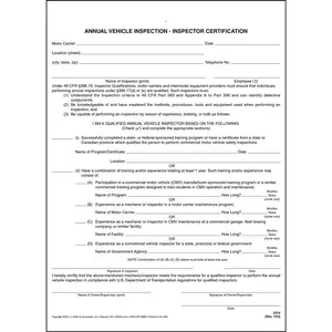 Annual Vehicle Inspection - Inspector Certification Form - Snap-Out, Carbonless, 8-1/2" W x 11-3/4" L Main Image