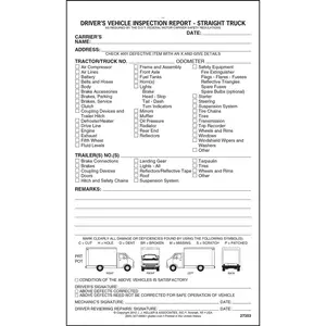 Straight Truck Detailed Driver's Vehicle Inspection Report - Stock, Snap-Out, 2-Ply, Carbonless, 5-1/2” W x 9-1/4” L Main Image