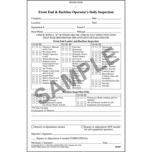 Front End Loader & Backhoe Inspection Report - Stock, Book Format, 2-Ply, Carbonless, 5-1/2" W x 8-1/2" L Main Image