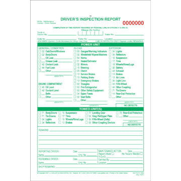 Detailed Driver's Vehicle Inspection Report, Carbonless, Green Ink, Snap-Out Format - Stock