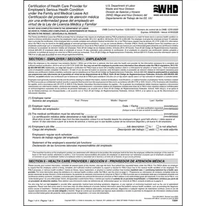 FMLA Employee’s Serious Health Condition Certification Form, WH-380-E - Bilingual, 8-1/2” W x 11” L Main Image