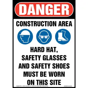 Danger: Construction Area, PPE Must Be Worn Sign with Icons - OSHA Main Image