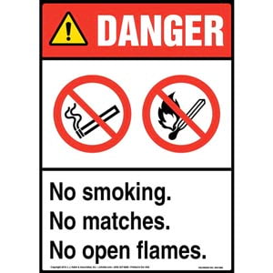 Danger: No Smoking/Matches/Open Flames Sign with Icons - ANSI