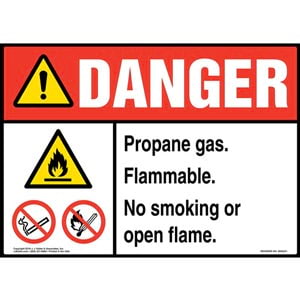 Danger: Propane Gas, Flammable, No Smoking or Open Flame Sign with Icons - ANSI