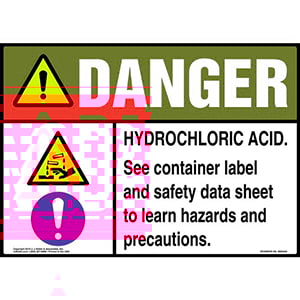 Danger: Hydrochloric Acid, See Container Label And Safety Data Sheet Sign with Icons - ANSI