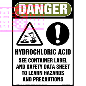 Danger: Hydrochloric Acid, See Container Label And Safety Data Sheet Sign with Icons - OSHA, Long Format