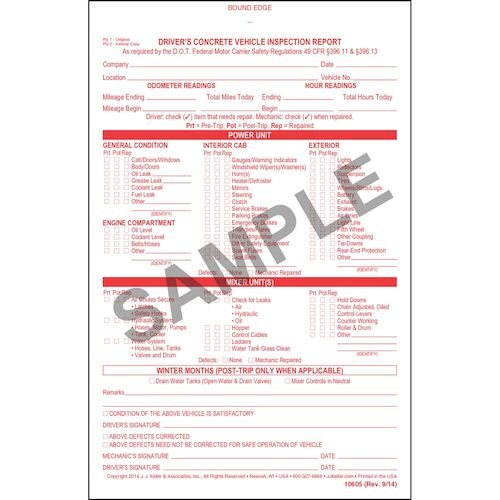 Driver's Concrete Vehicle Inspection Report, Book Format - Stock (00516)