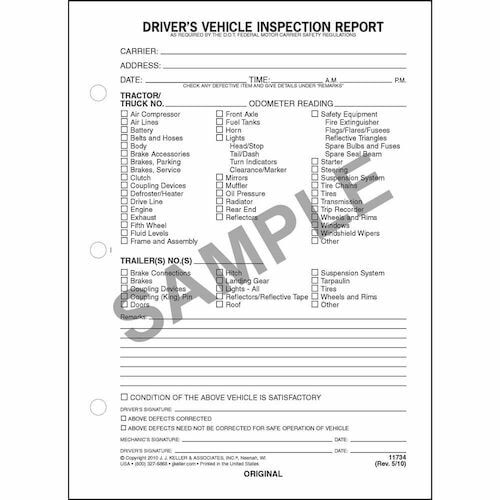 Detailed Driver's Vehicle Inspection Report, Side-Stub Snap-Out Format - Stock (01389)