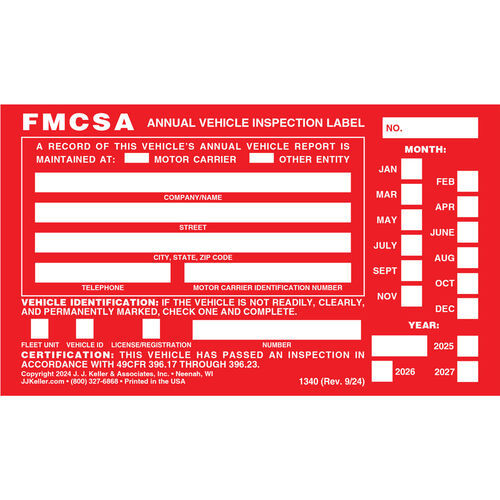 JJ Keller Vehicle Inspection Decal, Aluminum, PK10 6 x 3-1/2 1340