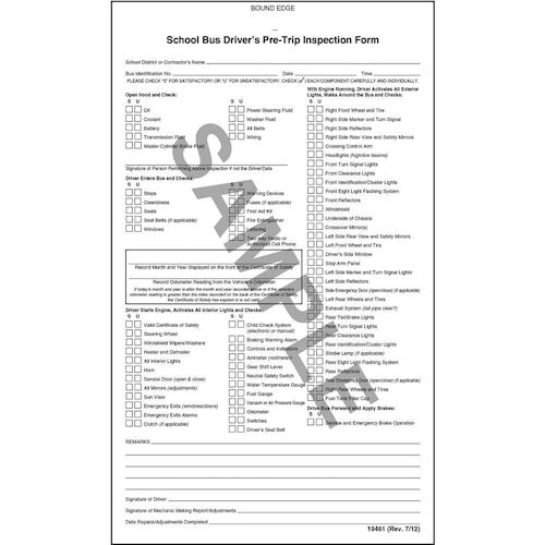 School Bus Driver's Pre-Trip Inspection Form, Carbonless - Personalized (05597)