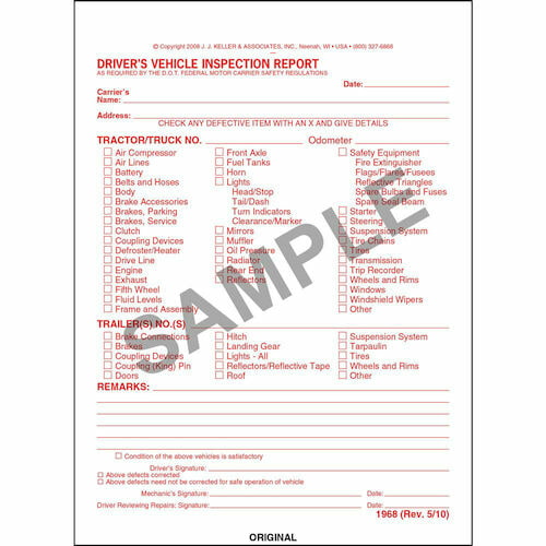 Detailed Driver's Vehicle Inspection Report, w/Carbon, Red Ink, Snap-Out Format - Stock (01340)