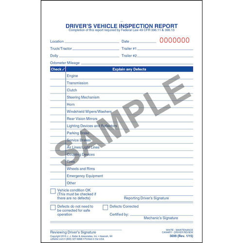 Simplified Driver's Vehicle Inspection Report - Vertical Format, 3-Ply, Carbonless, Snap-Out Format - Stock (01541)