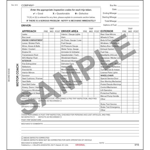 New York Motor Coach Driver's Vehicle Inspection Report - Small Book Format - Stock (08646)