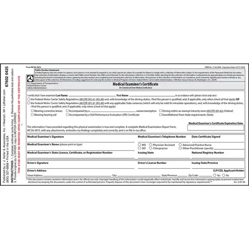 メンテナンス ULTRACOAT APPLICATION CERTIFICATE Medical Examination Certificate, Unlaminated - Snap-Out, 2-Ply