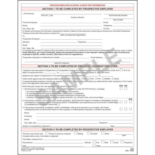 Previous Employer Alcohol & Drug Test Information - Padded Format (01496)