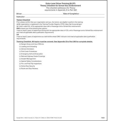 Entry-Level Driver Training (ELDT) Theory Checklist for School Bus Endorsement (020002)