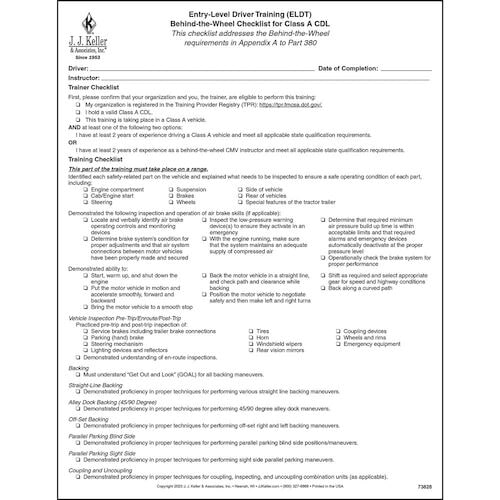 Entry-Level Driver Training (ELDT) Behind-the-Wheel Checklist for Class A CDL (020006)