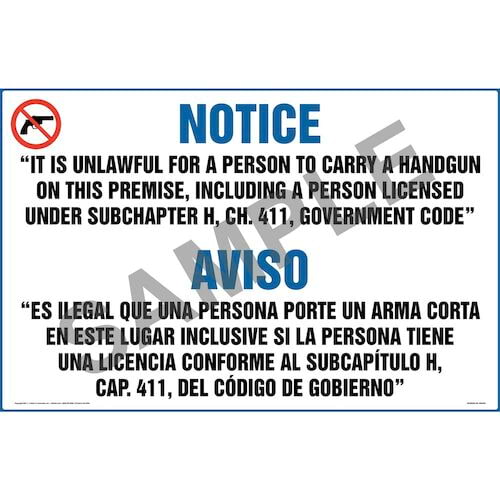 Texas: Licensed or Unlicensed Possession of Weapon on Premises is a Felony Sign (411.204) (Bilingual) (011577)