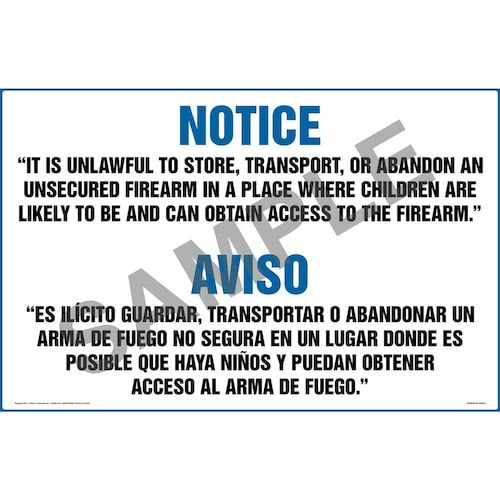 Texas: Unlawful to Contain an Unsecured Firearm Where Children are Present Sign (46.13) (Bilingual) (011578)