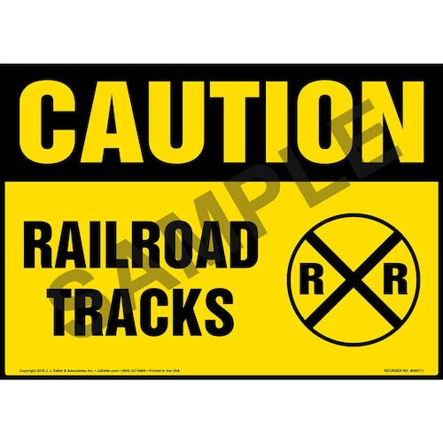 Caution Railroad Tracks Sign with Icon OSHA
