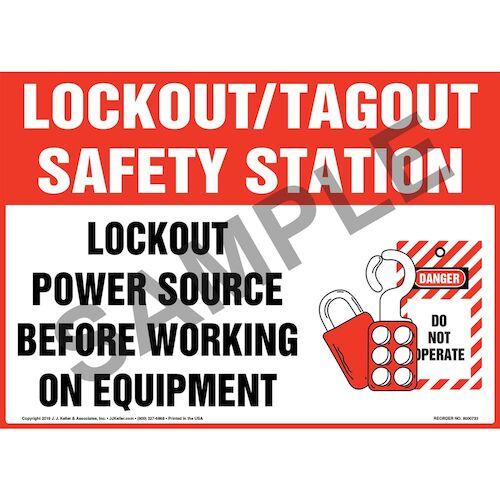 Lockout/Tagout Safety Station Lockout Power Source Before Working On Equipment With Graphic Sign (011968)