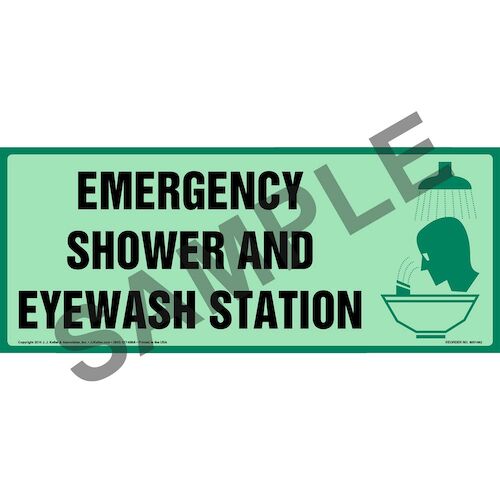 Emergency Shower & Eyewash Station Sign with Icon - Long Format, Glow In The Dark (012626)