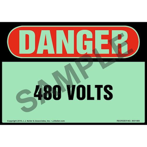 Danger: 480 Volts Label - OSHA, Glow In The Dark (012653)