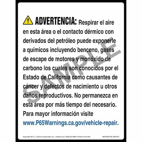 California Prop 65: Vehicle Repair Warning Sign - Spanish (012973)