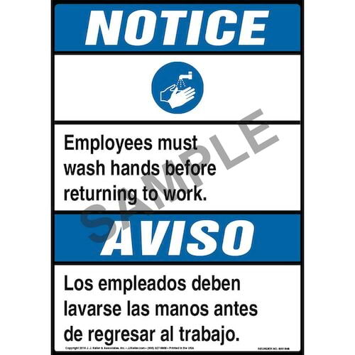 Notice: Employees Must Wash Hands Before Returning To Work Bilingual Sign with Icon - ANSI (013538)