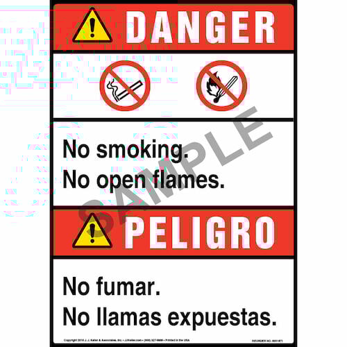 Danger: No Smoking, No Open Flames Bilingual Sign with Icons - ANSI (013533)