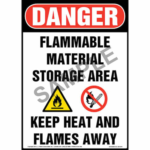 Danger: Flammable Material Storage Area, Keep Heat/Flames Away Sign with Icons - OSHA (013545)