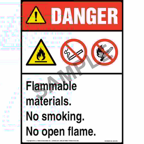 Danger: Flammable Materials, No Smoking, No Open Flame Sign with Icons - ANSI (013548)