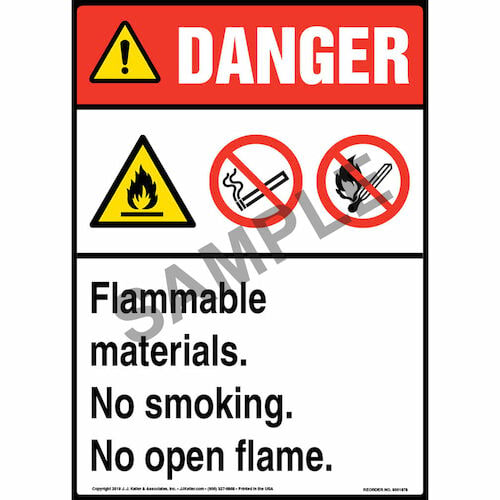 Danger: Flammable Materials, No Smoking, No Open Flame Sign with Icons - ANSI (013548)