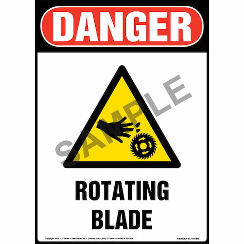 Danger Rotating Blade Sign with Icon OSHA, Portrait