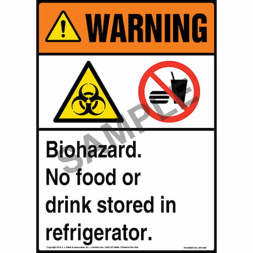Warning: Biohazard, No Food or Drink Stored in Refrigerator Sign with Icons - ANSI (013564)