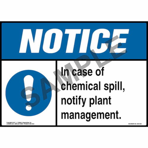 Notice: In Case Of Chemical Spill, Notify Plant Management Sign with Icon - ANSI (013568)