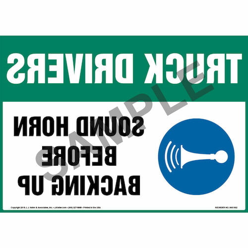 Truck Drivers: Sound Horn Before Backing Up Sign with Icon - Mirror Image (013599)