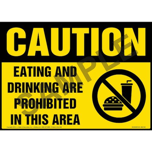Caution Eating And Drinking Are Prohibited In This Area Sign With Icon Osha