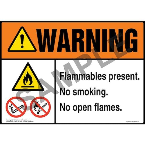 Warning: Flammables Present, No Smoking, No Open Flames Sign with Icons - ANSI (014526)