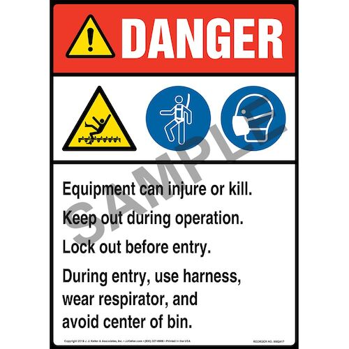 Danger: Equipment Can Injure Or Kill, Keep Out During Operation, Lock Out Before Entry Sign with Icons - ANSI, Long Format (015315)