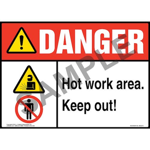 Danger Hot Work Area, Keep Out Sign with Icons ANSI