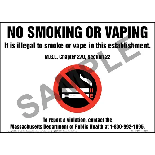 No Smoking Or Vaping, It Is Illegal To Smoke Or Vape In This Establishment  Sign with Icon